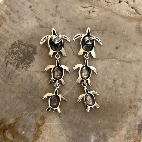 VTG Kabana Sterling Silver 925 Dimensional Sea Turtle Trio Dangle Drop Earrings - Picture 9 of 16